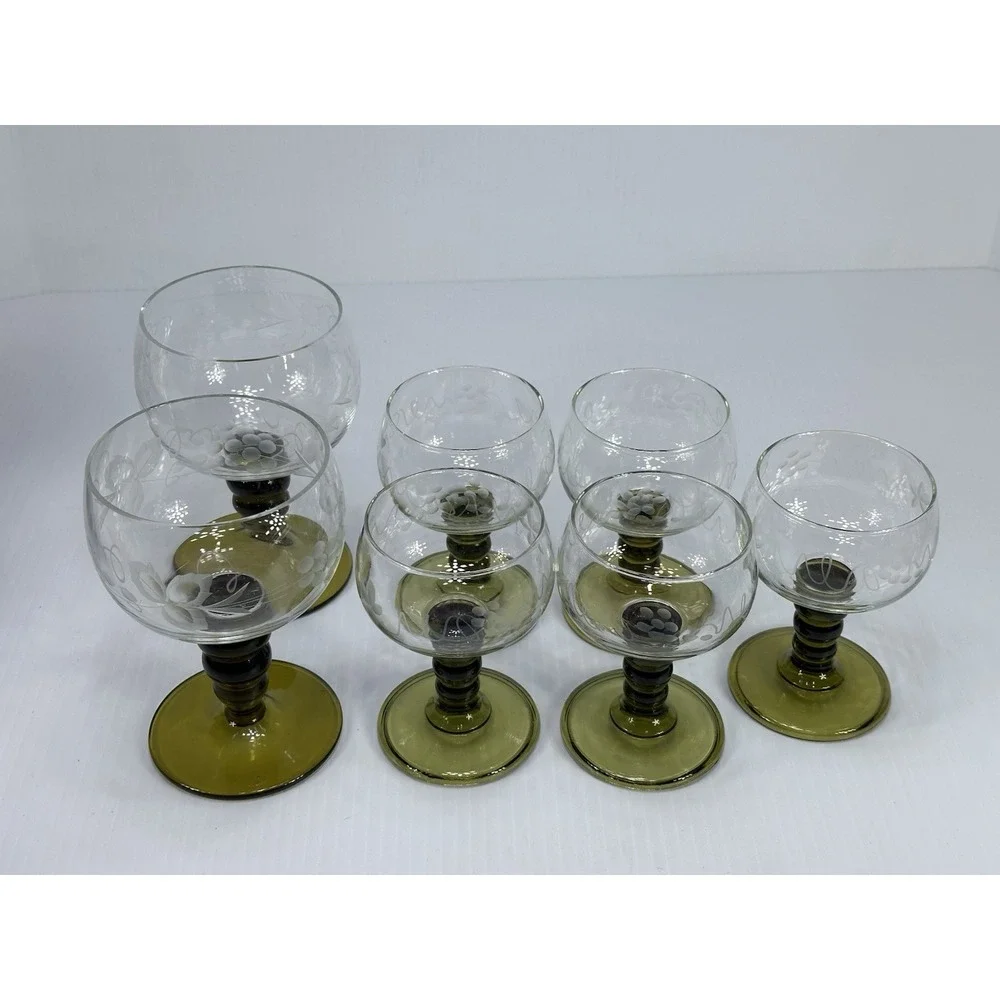 7 VTG Roemer Goblet Glasses Avocado Green Stem Etched Grapevine 2 Big 5 Smaller‎